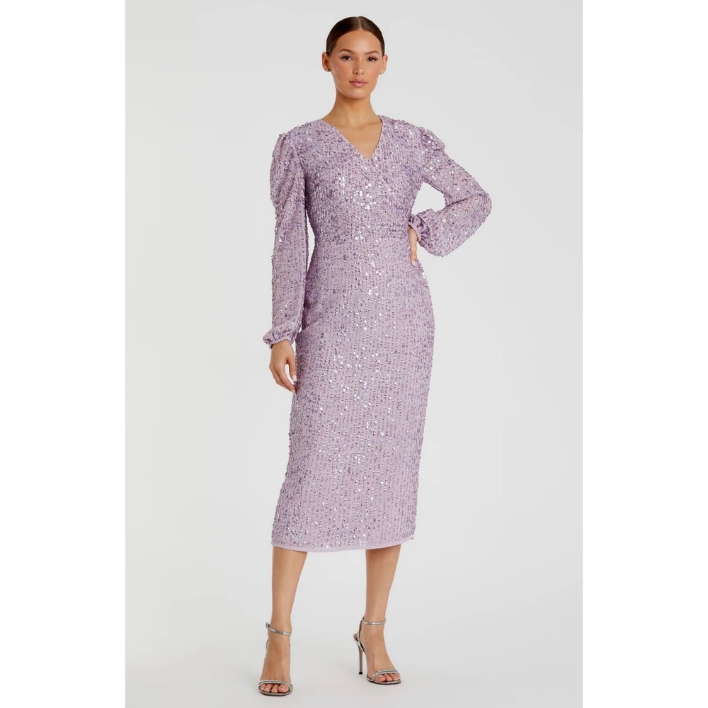 Mac Duggal 107641 Lavender Sequin Puff Sleeve V-Neck Midi‎ Dress NWT Size 6